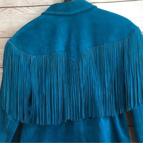 VINTAGE PIONEER WEAR GENUINE LEATHER FRINGE JACKET IN DEEP TEAL - Picture 16 of 16